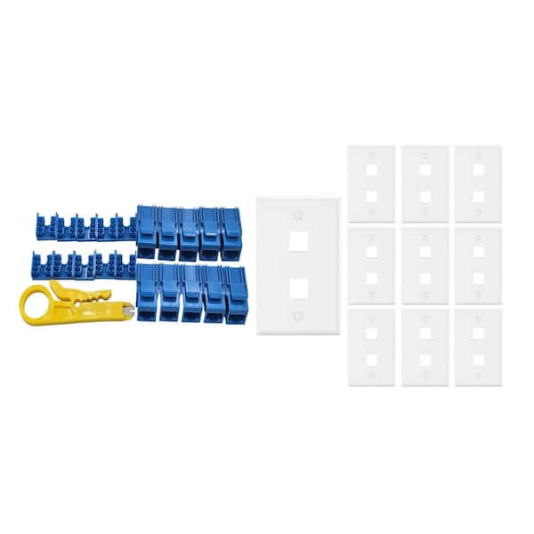 10-Pack 1-Gang White Keystone Plastic Wall Plates 2-Port and 10 Cat 6 RJ45 Keystone Jacks Blue