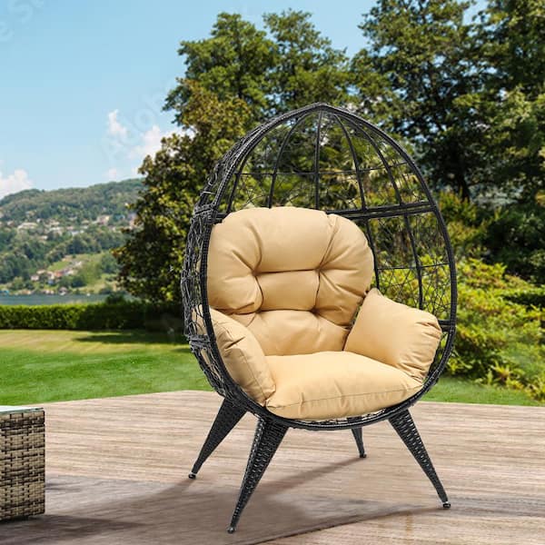 DEXTRUS Wicker Egg Chair with Stand Outdoor Indoor Oversized Large Lounger with Cushion Egg Basket Chair Beige HDFTPLPS 1002