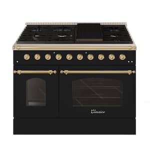 CLASSICO 48 in. TTL 6.7 Cu. ft. 8 Burner Freestanding All Gas Range LP Gas Stove and Gas Oven, Glossy Black Brass Trim