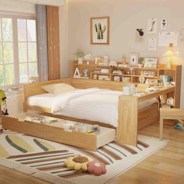 Natural Twin Daybed with Storage Shelves, 2 Storage Drawers and Study Desk