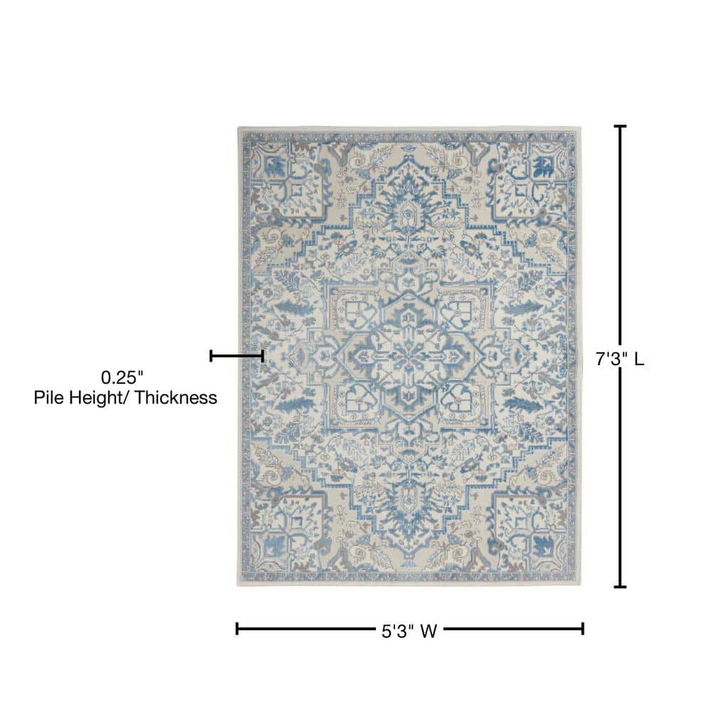 Ivory Blue Floral Synthetic 5' x 7' Rectangular Rug