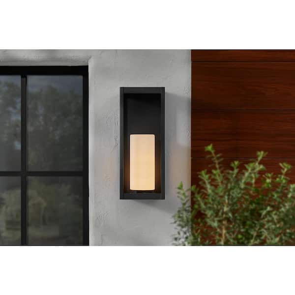 Racine 17.5 in. 1-Light Black Outdoor Wall Light Fixture with White Opal Glass