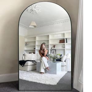 32 in. W x 71 in. H Classic Arched Wood Full Length Mirror Black Wall Mounted Standing Mirror Floor Mirror