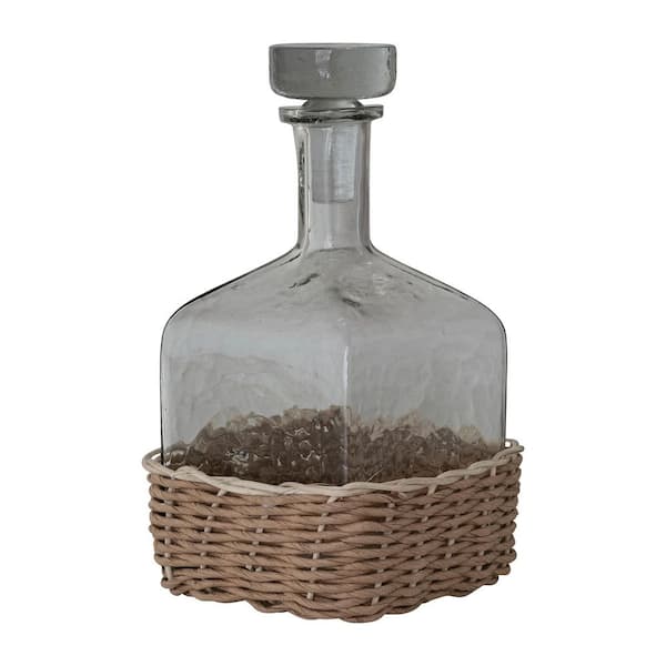 40 fl. oz. Clear and Natural Glass Bottle Carafe with Glass Stopper and Hand-Woven Rattan Base