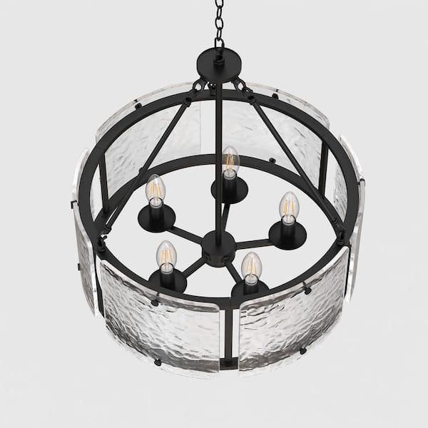 Emeritpro 5-Light Black Drum Chandelier Pendant Light with Glass