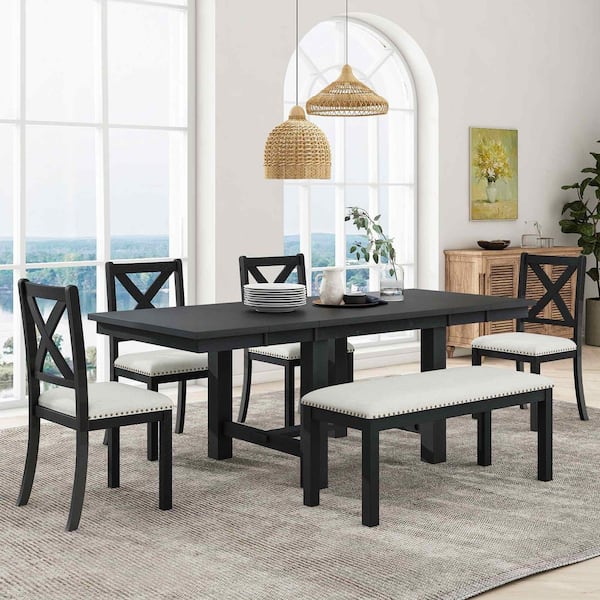 6-Piece Rectangular Extendable Black Wood Top Dining Table Set Seats 6 with 4 Upholstered Dining Chairs and Dining Bench
