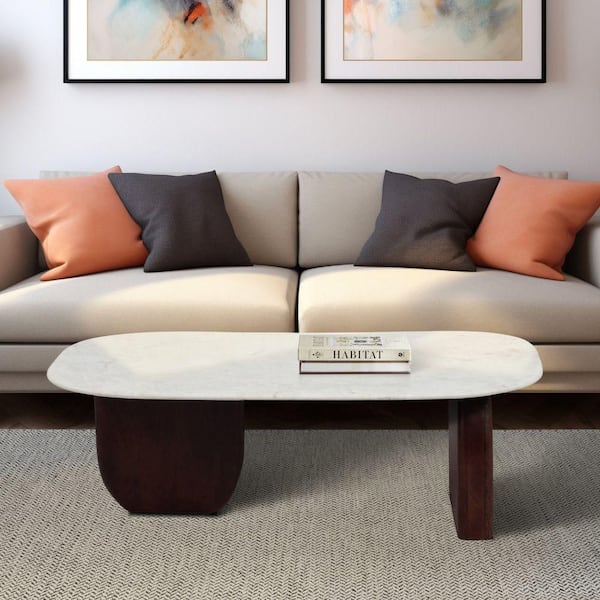 48 in. Brown Oval Marble and Wood Coffee Table