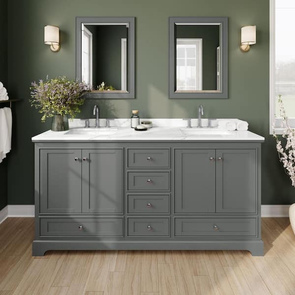 Wyndham Collection Deborah 72 in. W x 22 in. D x 35 in. H Double Bath Vanity in Dark Gray with Giotto Quartz Top and 70 in. Mirror