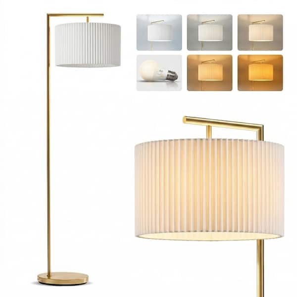 Montage Modern 60 in. Antique Brass Arc 1-Light Super Bright LED Transitional Floor Lamp with White Fabric Drum Shade