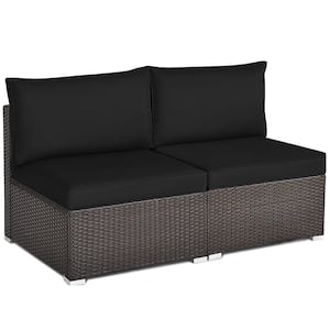 2-Piece Patio Rattan Armless Sofa Sectional Furniture Conversation with Black Cushion