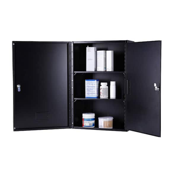24 in. H x 16 in. W Large Rectangular Black Steel Surface Mount Double Door Locking Narcotics Medicine Cabinet