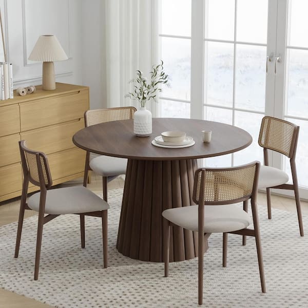 Dovelina 46 in. Walnut Oak Wood Color Column Pedestal Round Kitchen Table Dining Table Seats 4