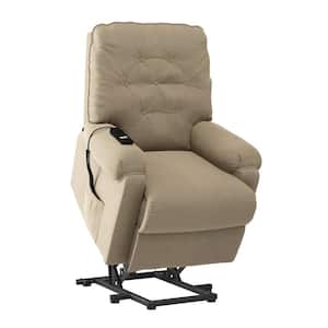 Barley Tan Plush Low-Pile Velour Fabric Button Tufted Power Recline and Lift Chair