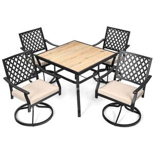 5-Piece Wood Outdoor Dining Set with Soft Beige Cushions 4 Swivel Chairs with Dining Table for Poolside and Garden