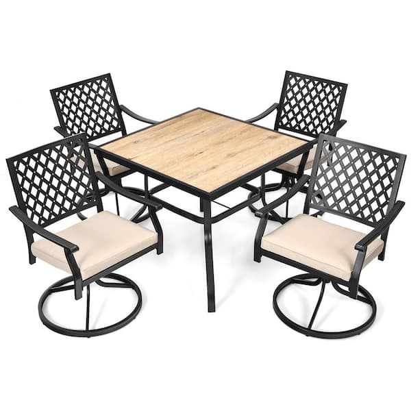HONEY JOY 5-Piece Wood Outdoor Dining Set with Soft Beige Cushions 4 Swivel Chairs with Dining Table for Poolside and Garden