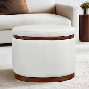 Tiberius White Leather Modern Round Storage Ottoman with Solid Wood Frame for Living Room and Bed Room