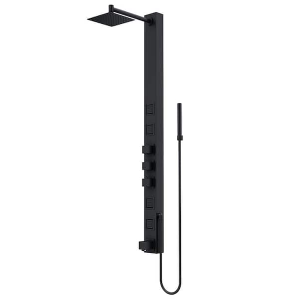 VIGO Bowery 58 in. H x 4 in. W 4-Jet Shower Panel System with Square Shower Head, Tub Filler and Hand Shower in Matte Black
