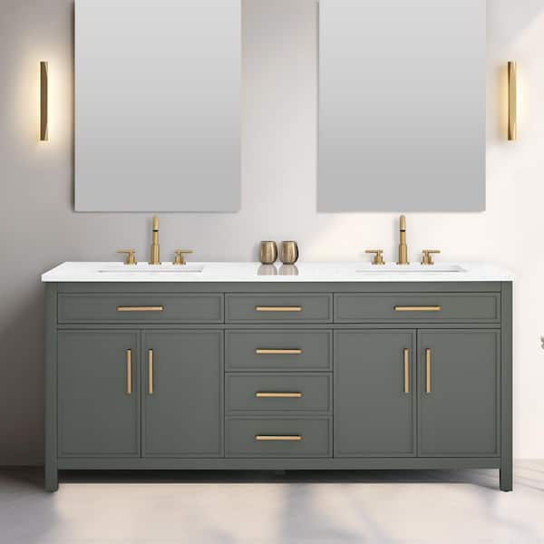 Cooper 72 in. W Bath Vanity in Vintage Green with Engineered Stone Top in Ariston White with White Sinks