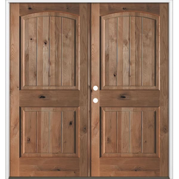 60 in. x 80 in. Rustic Knotty Alder Arch Top VG Right-Hand/Inswing Double BEHR True Black Stain Wood Prehung Front Door
