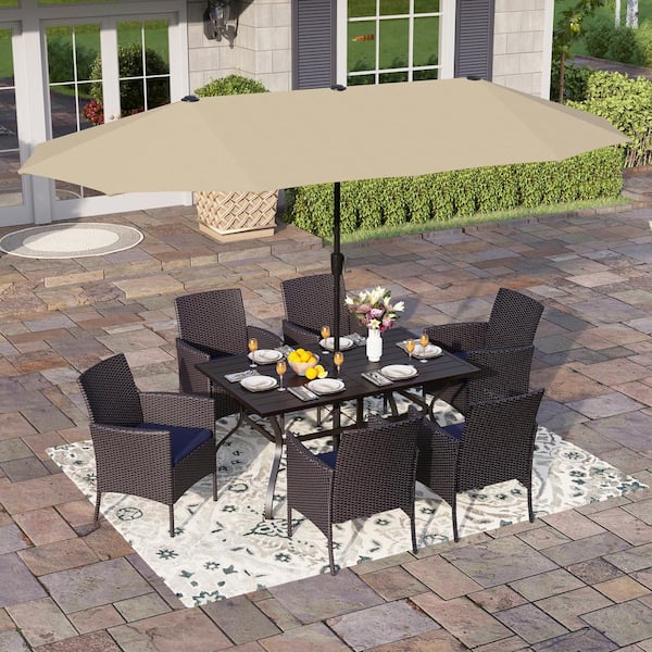 PHI VILLA Black 8-Piece Metal Patio Outdoor Dining Set with Slat Table, Beige Umbrella and Rattan Chairs with Blue Cushion