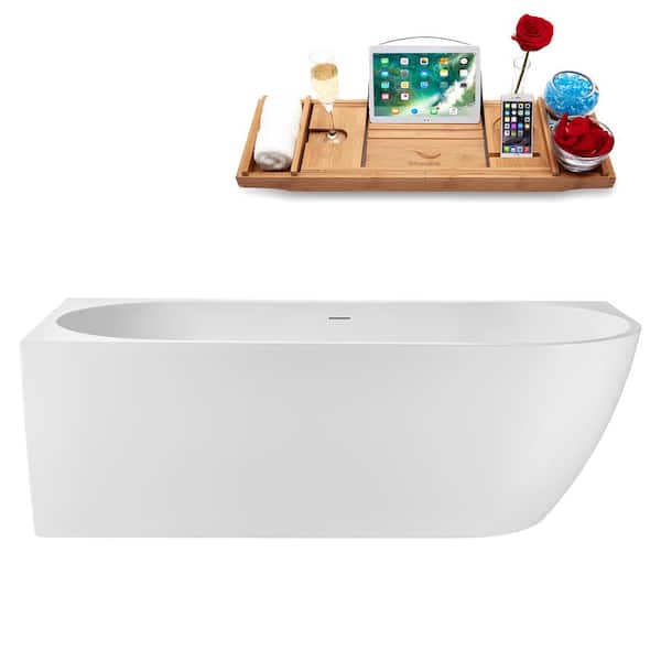 Streamline 71 in. x 32 in. Acrylic Freestanding Soaking Bathtub in Glossy White with Matte Oil Rubbed Bronze Drain, Bamboo Tray