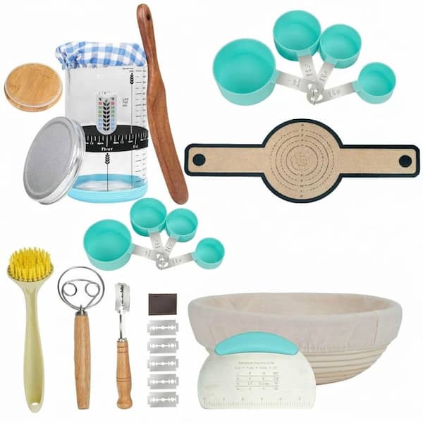 Sourdough Starter Kit 1 Set Round Glass Jar Rattan Banneton Basket Acacia Wood Scraper with Silicone Sling
