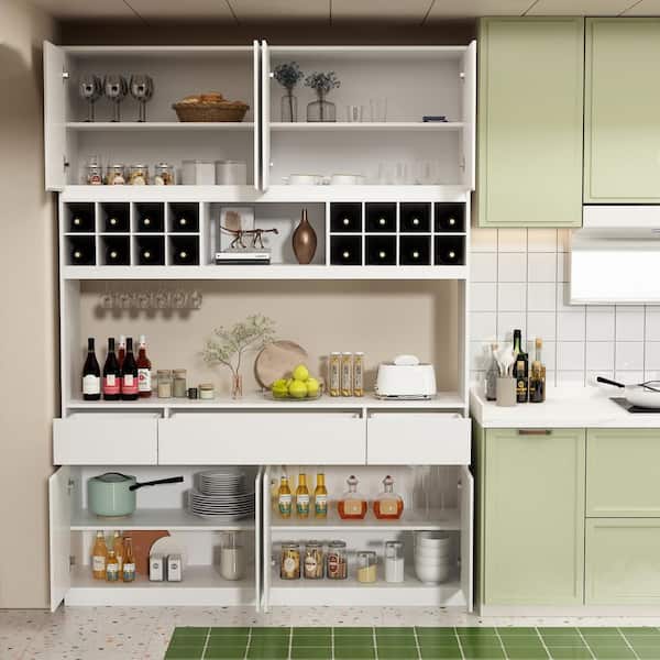 FUFU&GAGA 4-in-1 White Wood Buffet and Hutch Kitchen Cabinet Sideboard With Doors, Drawers, Adjustable Shelves and Wine Storage