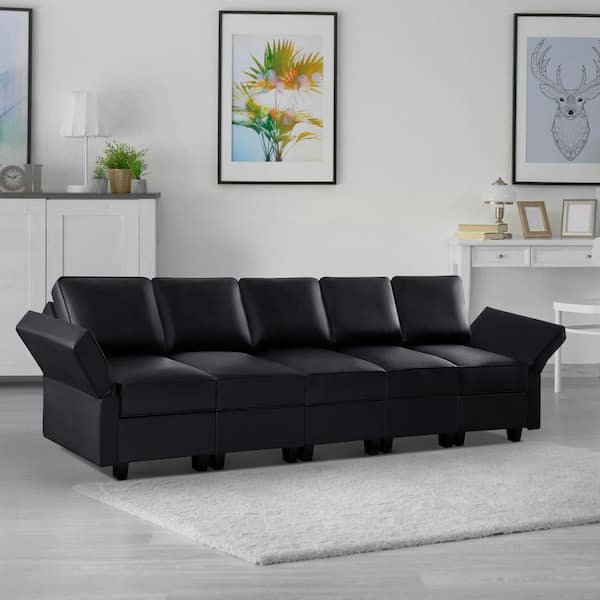 112.6 in. W Black Faux Leather 5-Seater with Storage, Sectional Sofa Living Room Set in 1-Piece