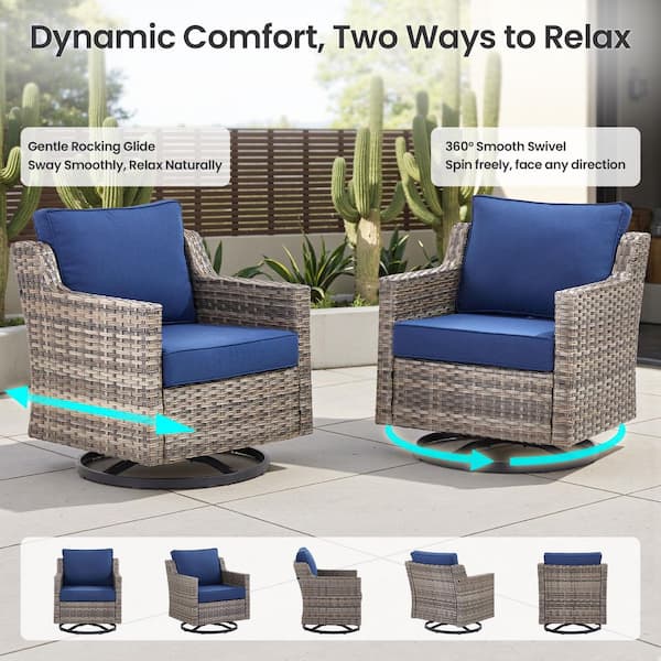 GlideRail Gray Wicker Fire Pit Conversation Set with Blue Olefin 4 in. Thick Cushions Patio Swivel Chairs (5-Piece)
