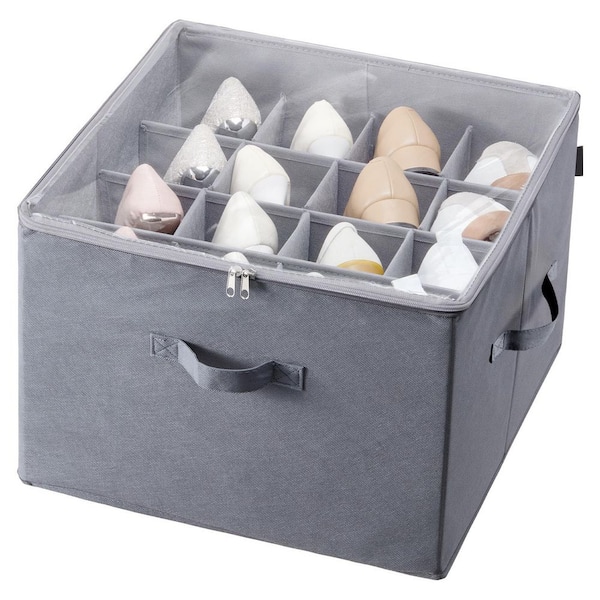 Under Bed Shoe Storage Organizer, 17 in. L x 17 in. D Gray Wire Closet Shelf with Adjustable Dividers, 16 Compartments