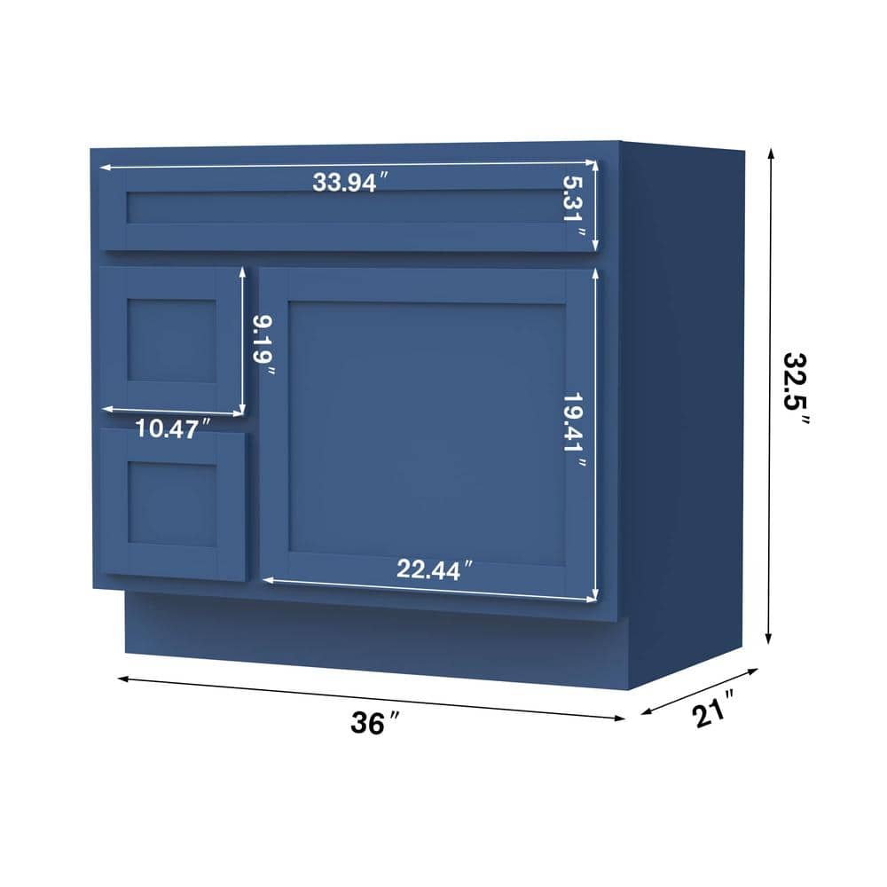 Blue 36" Shaker Style Single Bathroom Vanity Base