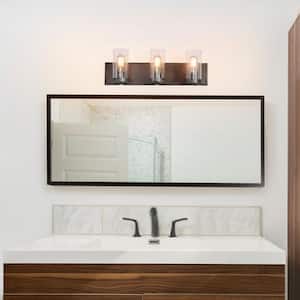 3-Light Industrial Bronze Farmhouse Faux Wood Bathroom Vanity Light Rustic Grey Wall Sconce with Seeded Glass Shades