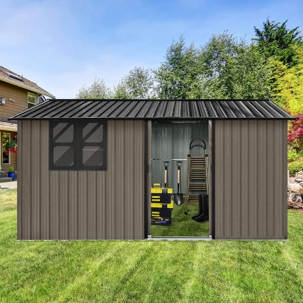 Unbranded Brown+Black Roof 12 ft. W x 10 ft. D Metal Shed with Sliding Door，Window (120 sq. ft. )