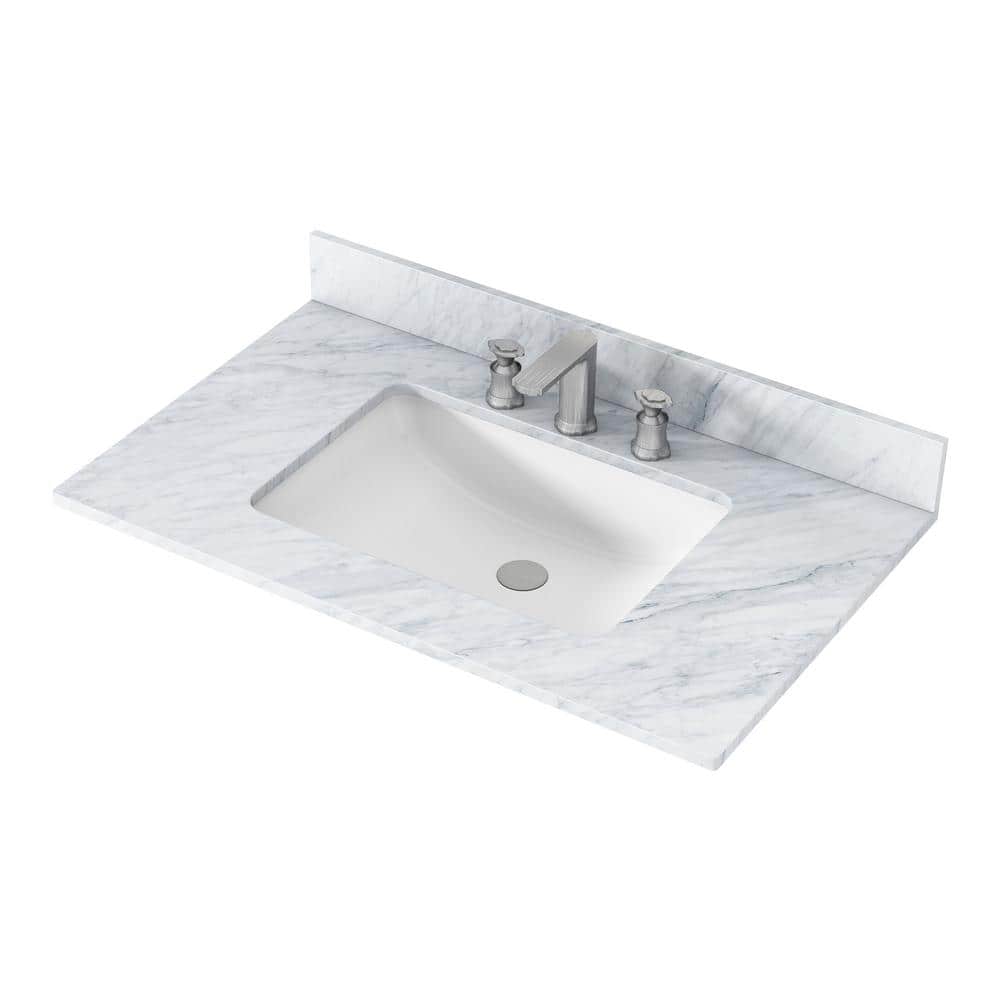 VANITYFUS 37 in. W x 22 in. D Natural Marble White Rectangular Single Sink and Backsplash ...