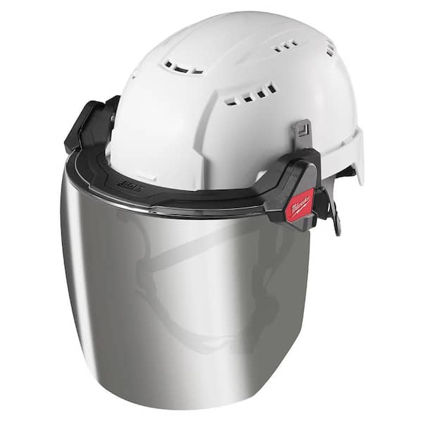 BOLT Mirrored Dual Coat Lens Full Face Shield with BOLT White Type 1 Class C Full Brim Vented Hard Hat