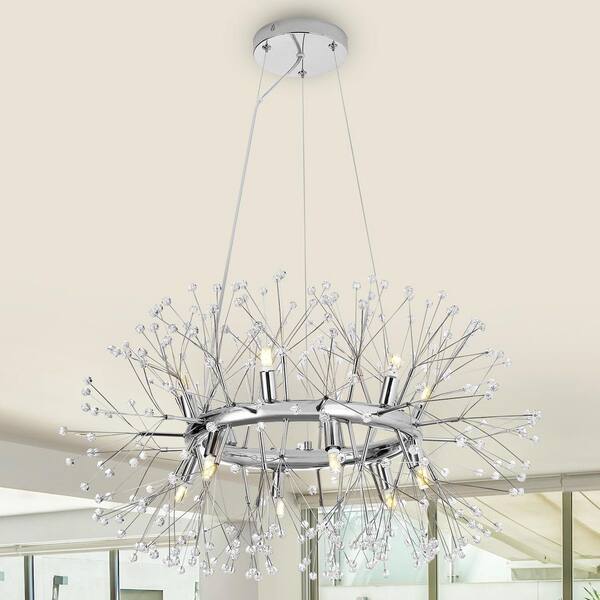 MENCOLULU 28.35 in. 12-Light Modern Chrome Glam Sputnik Firework Chandelier Crystal Pendant Light