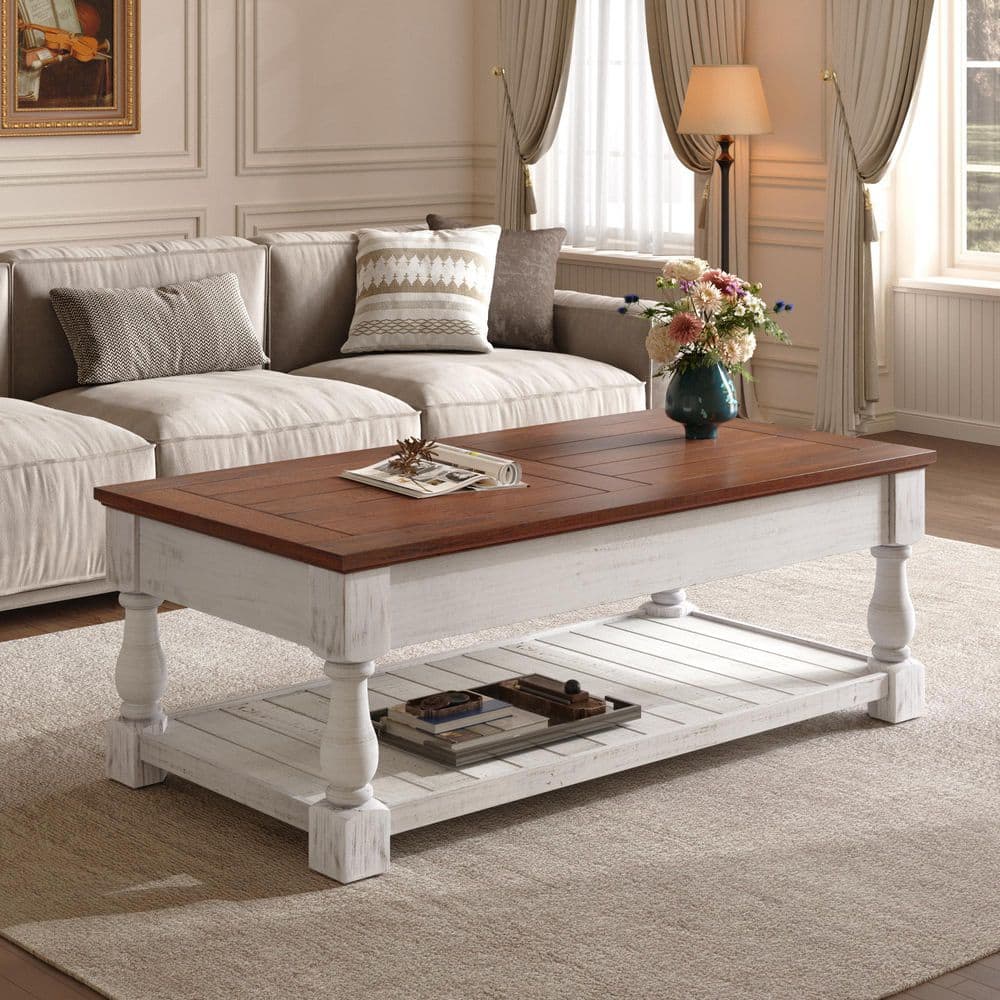 47.24 in. Espresso and Weathered White Rectangle Wood Lift Top Coffee Table with Hidden Storage and Bottom Shelf price history on PriceWatchPro