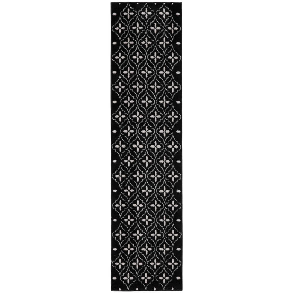 Black and Ivory Reversible Synthetic Runner Rug, 2'2" x 7'6"