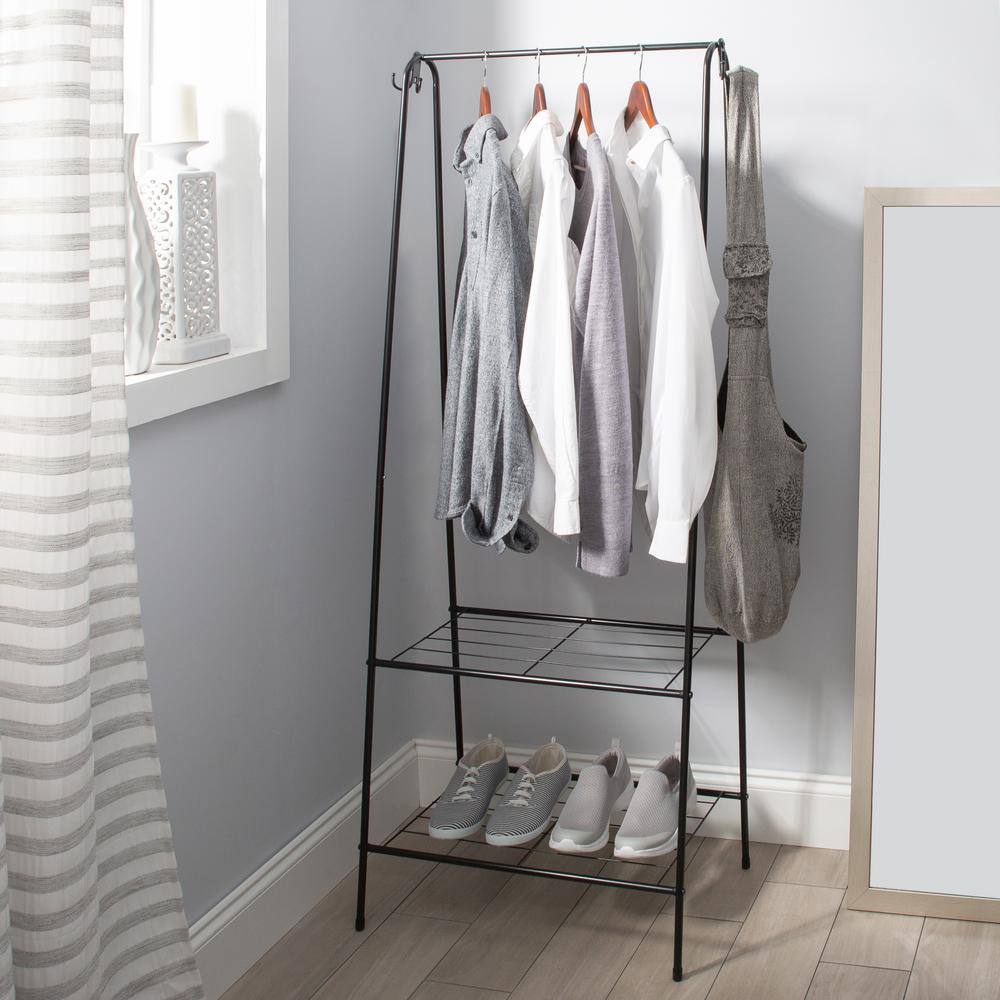 Black Metal Freestanding Clothing Rack with Shelves and Hooks