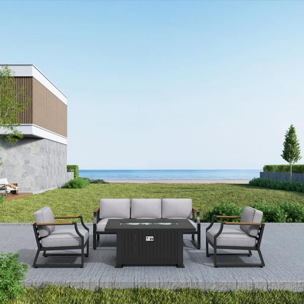 moda furnishings Yamy Black 4-Piece Aluminum Patio Fire Pit Conversation Set with Gray Cushions