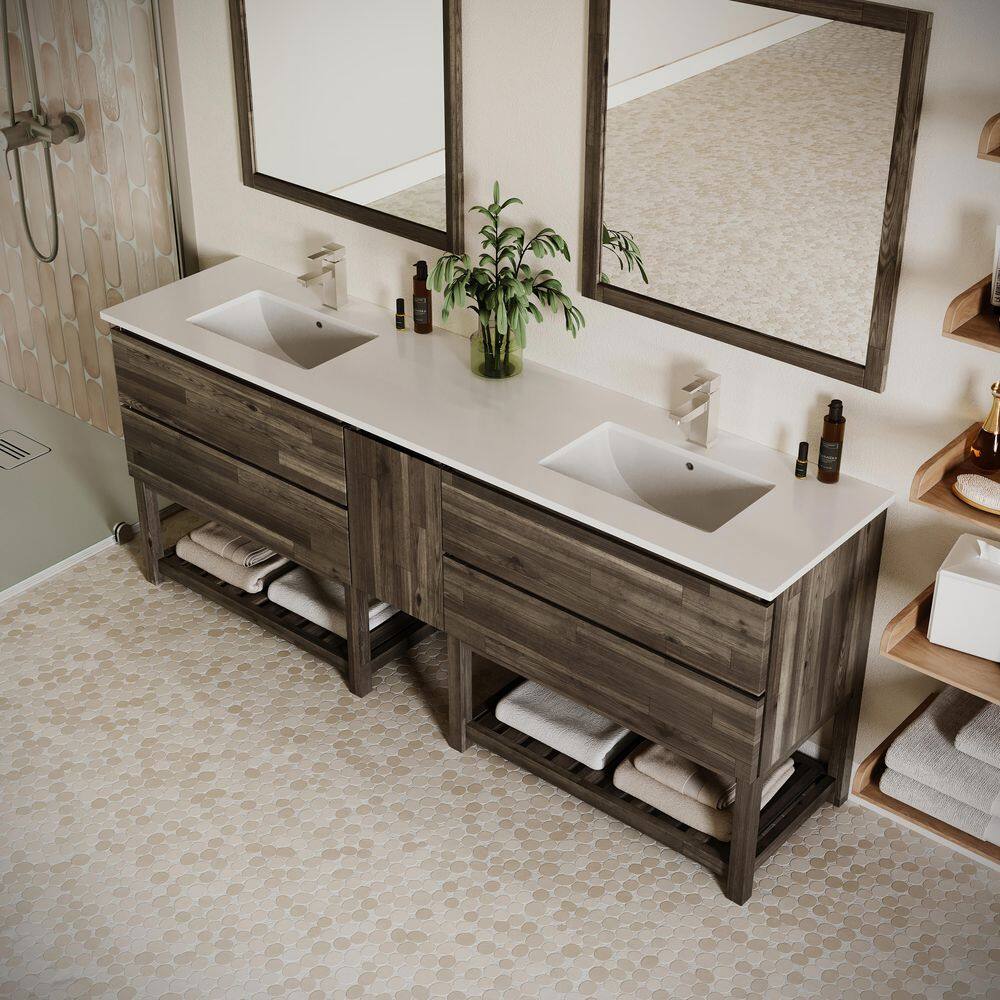 Acacia Wood 84" Double Sink Vanity with Quartz Top