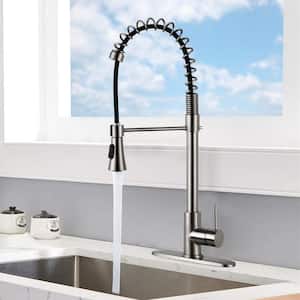 Commercial Single-Handle Lever Spring Pull Out Kitchen Faucet in Brushed Nickel