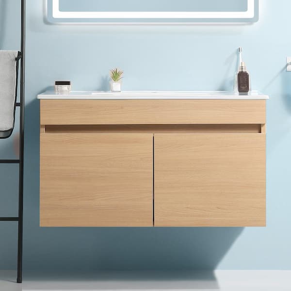 Unbranded 24 in. W x 18 in. D x 20 in. H Wall Mounted Bathroom Vanity in Light Oak W/ Soft Close Doors W/ White Ceramic Basin Top
