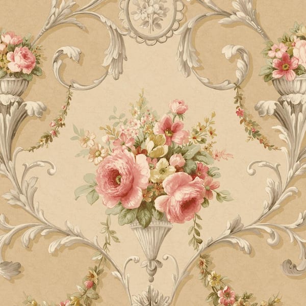Ornamental Floral Wallpaper in Brown, Red and Yellow