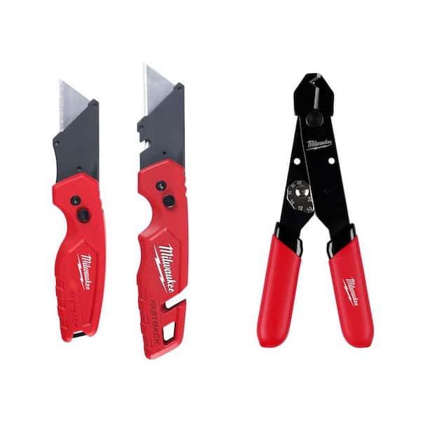 Milwaukee FASTBACK Folding Utility Knife and Compact Utility Knife w/12-24 AWG Adjustable Compact Wire Stripper/Cutter (3-Piece)