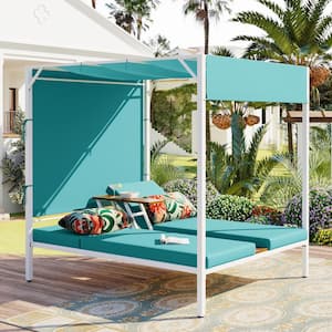Gray Metal Outdoor Day Bed with Blue Cushions, 3-Position Adjustable Backrest, Adjustable Tabletop and Curtain