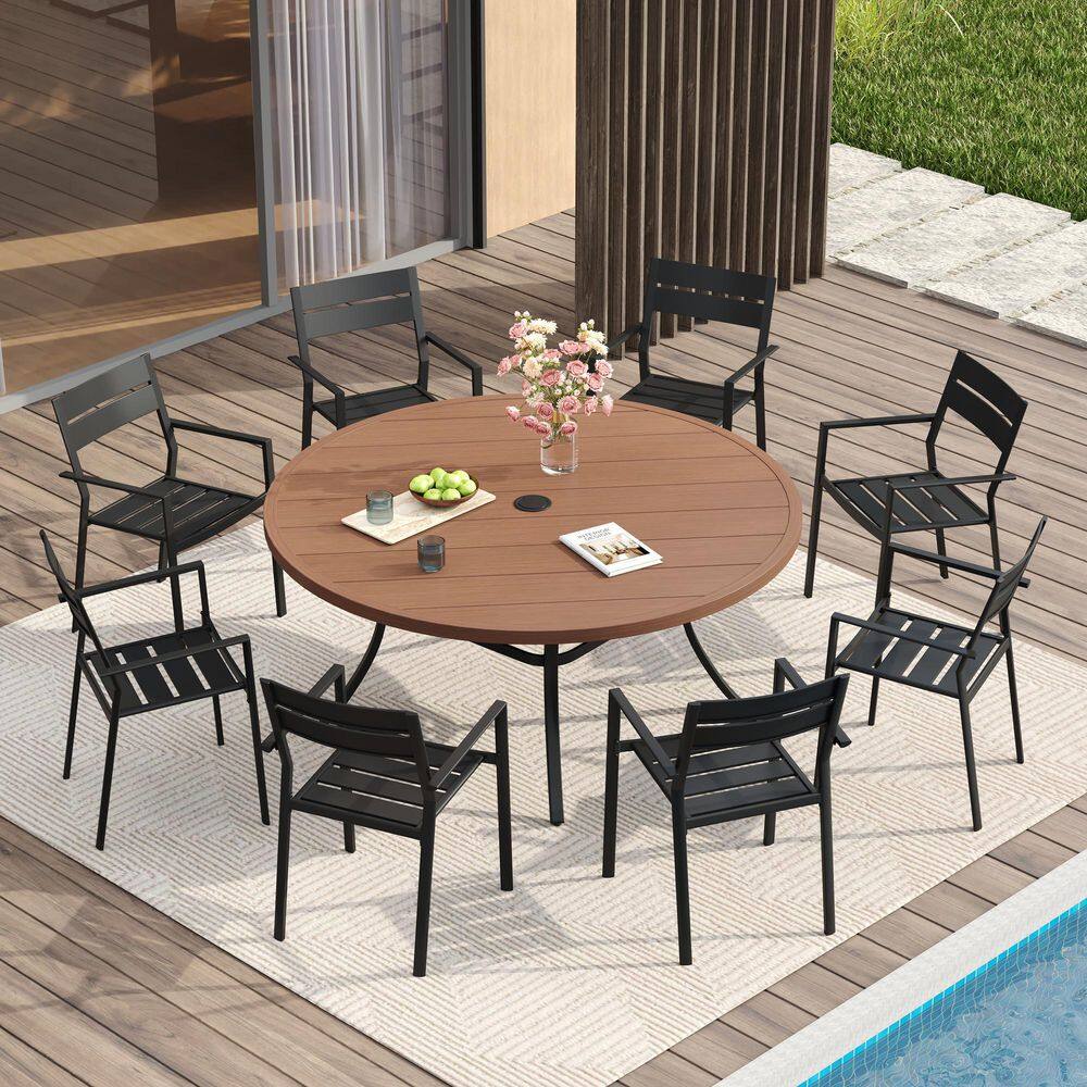 Walnut 9-Piece Metal 53 in. Slat Round Table Outdoor Patio Dining Set with 8 Black Stackable Chairs price history on PriceWatchPro