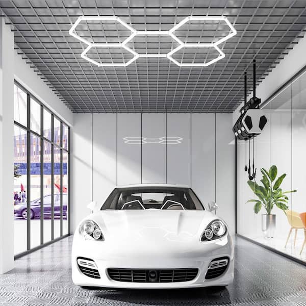 Hexagon Garage Lights 64.72 in. 26400LM 6500K 5 Grid Systems White Honeycomb Hexagonal Garage LED Lights Car Lighting