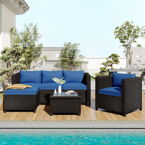 Wateday Outdoor Black 5-Piece Wicker Outdoor Patio Conversation Seating Set with Blue Cushions