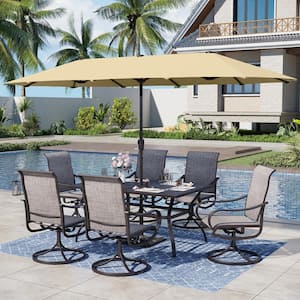 Black 8-Piece Metal Rectangle Patio Outdoor Dining Set with Slat Table and Textilene Swivel Chairs